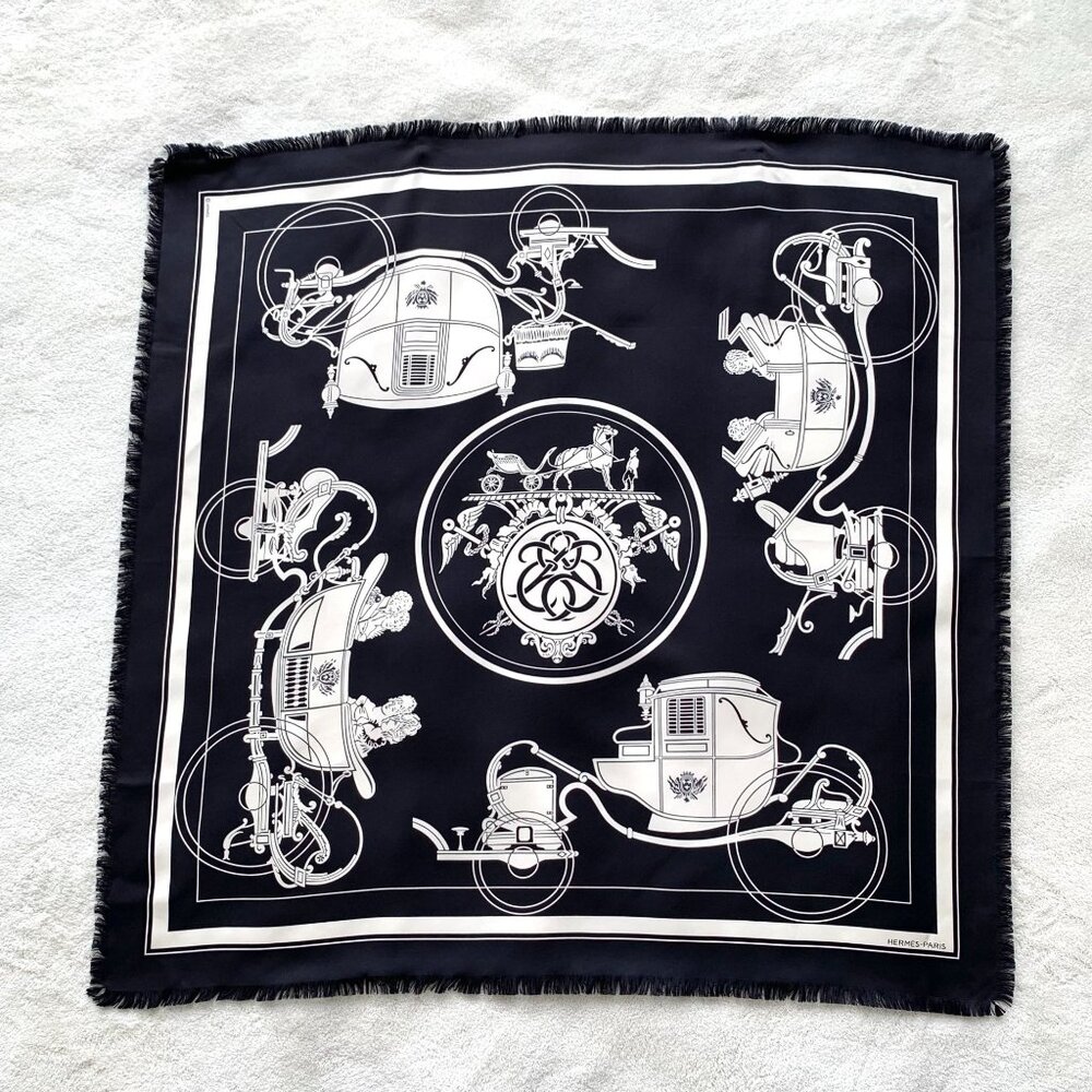 Hermès Ex-Libris Black Carriage Print Silk Scarf with Fringed Edges, 80x80cm, L